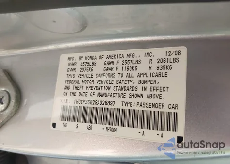 2009 Honda Accord 3.5 Ex-L from USA, damaged, VIN 1HGCP36829A028897